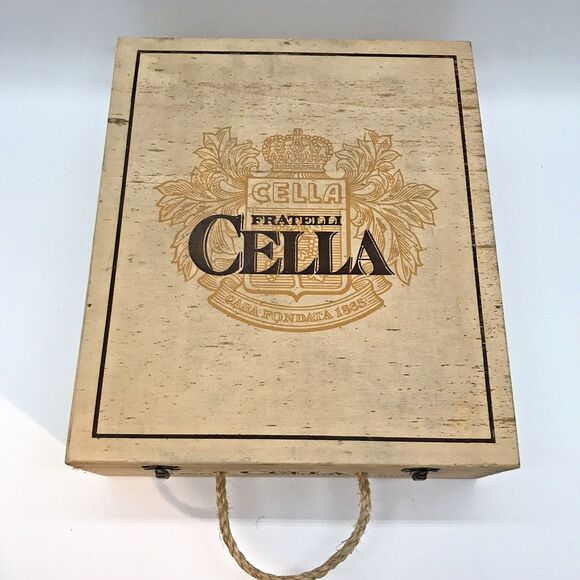 Vintage Cella Fratelli Wooden Wine Bottle Carrier Box Rope Handle Bronze Clasps - Picture 2 of 12
